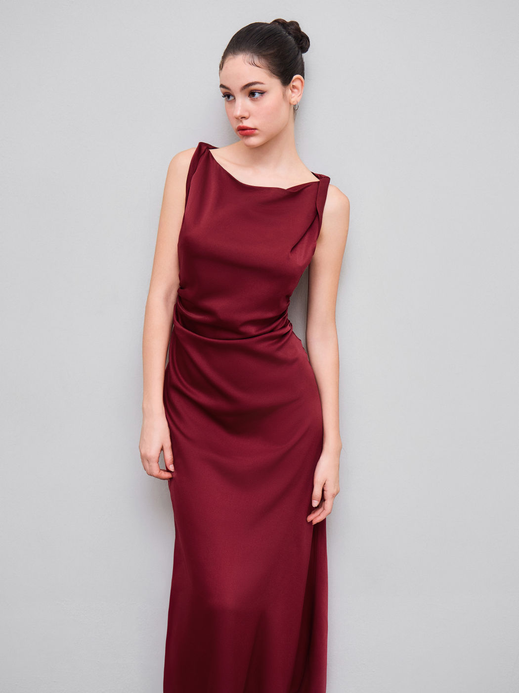 Satin Boat Neck Ruched Maxi Dress