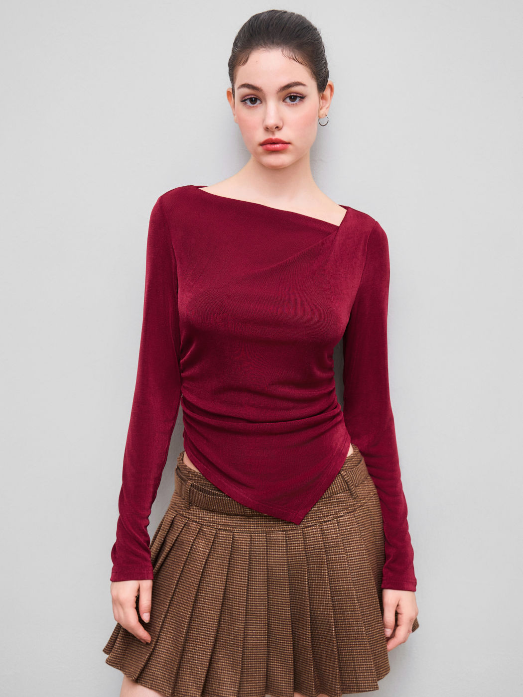 Asymmetrical Neck Ruched Long Sleeve Tee
