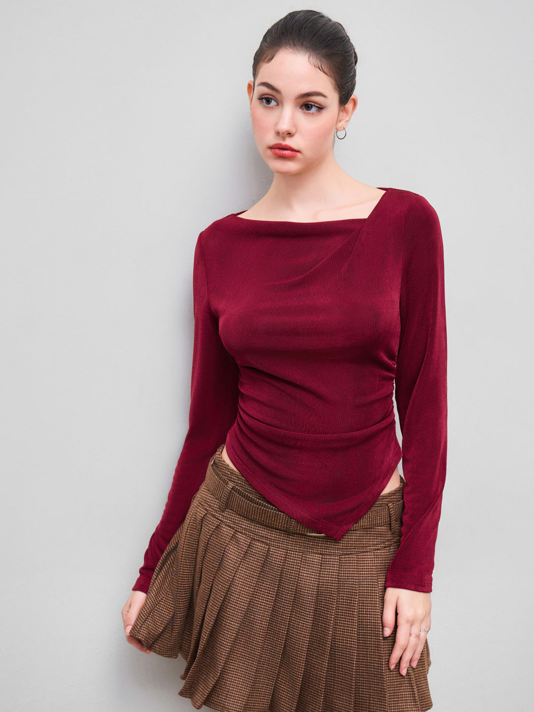 Asymmetrical Neck Ruched Long Sleeve Tee