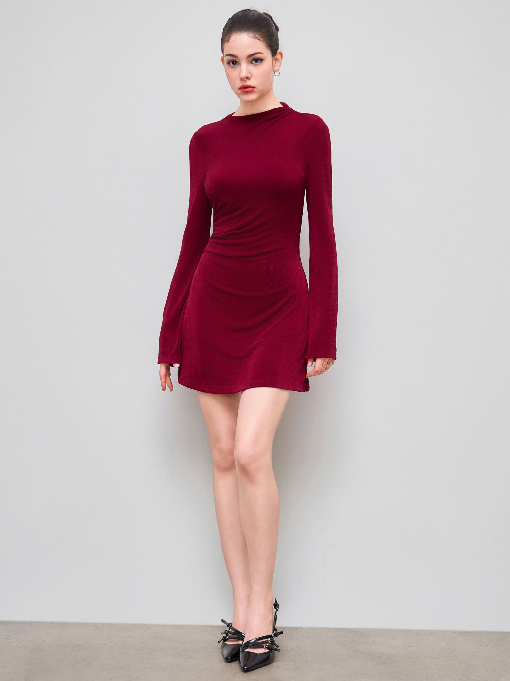 Asymmetrical Neck Ruched Bell Sleeve Mini Dress