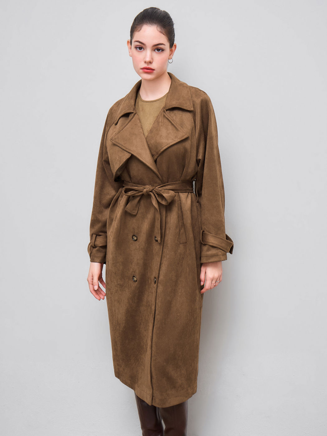 Double Breasted Suede Oversized Trench Coat With Belt