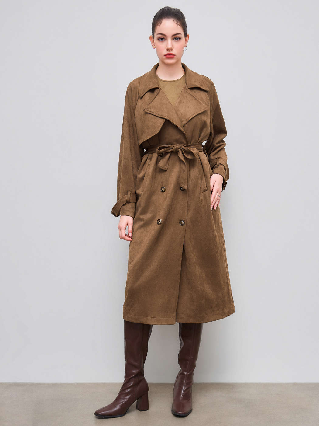 Daim Double Breasted Suede Oversized Trench Coat With Belt For Travail