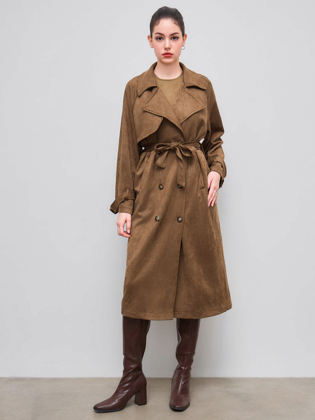 Double Breasted Suede Oversized Trench Coat With Belt
