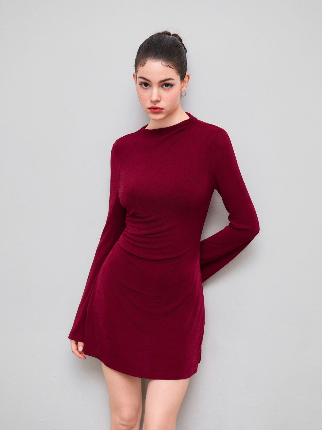 Asymmetrical Neck Ruched Bell Sleeve Mini Dress
