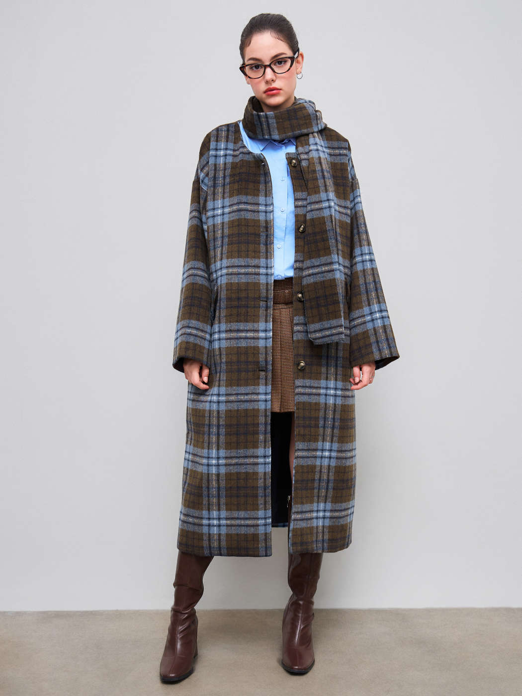 Gewebt Karierter Mantel mit Schal und eckigem Ausschnitt For Arbeit