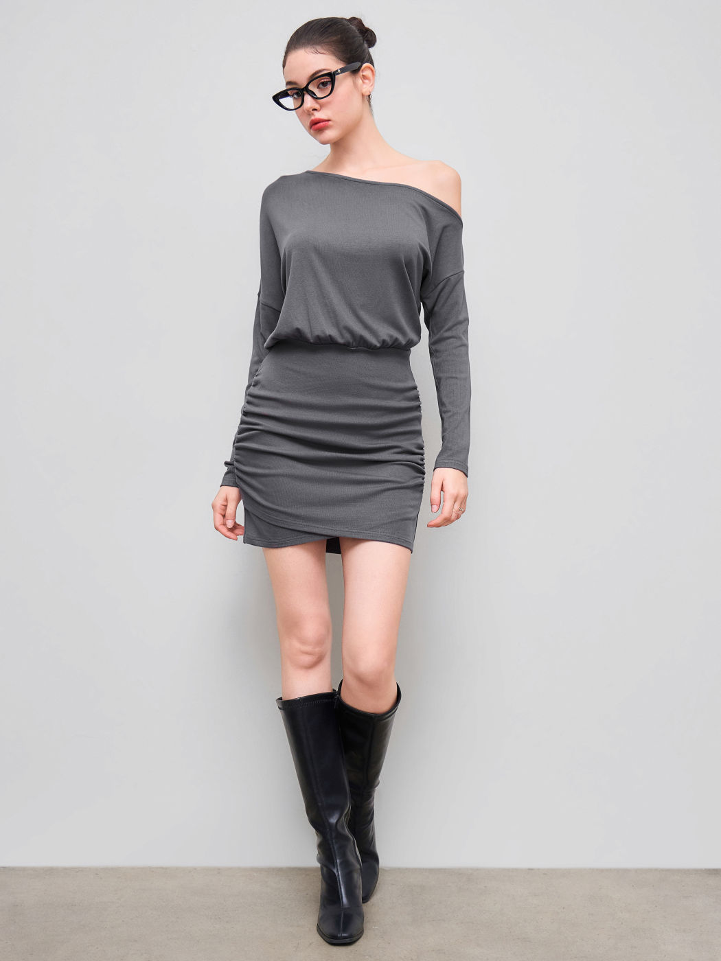 Asymmetrical Neck Ruched Mini Dress