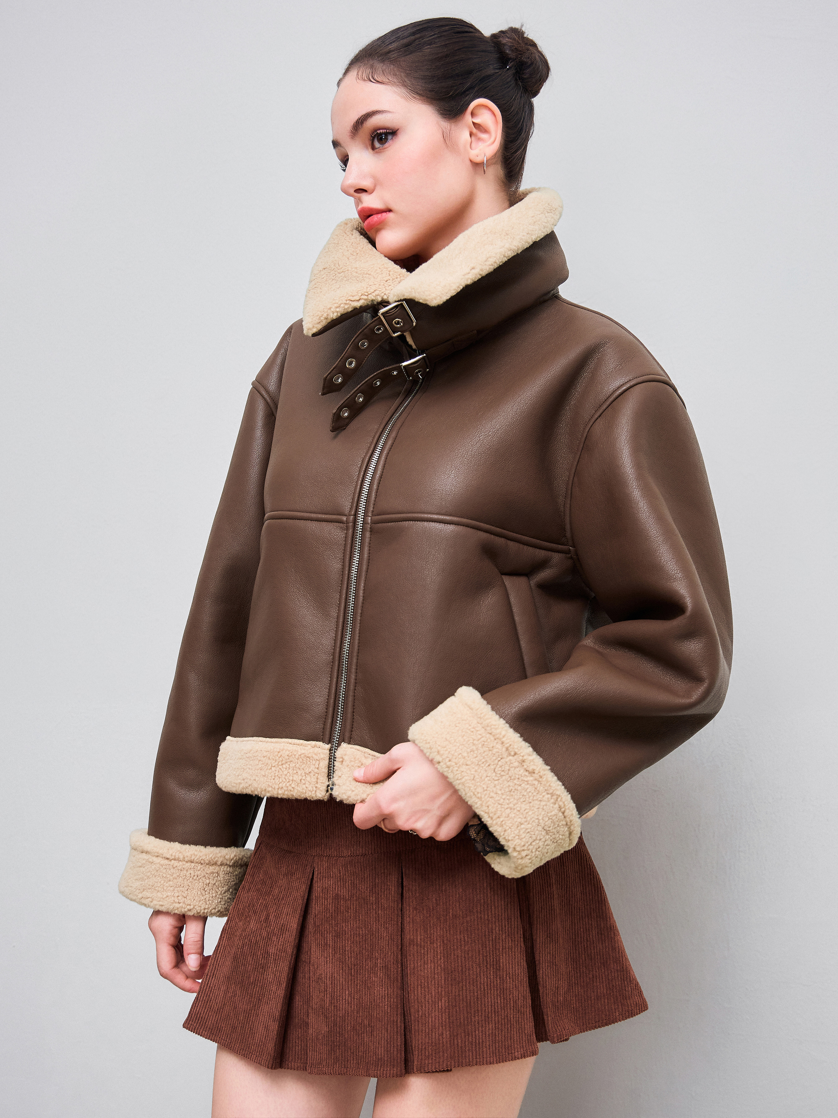 City Chic Faux Shearling Faux Shearling Collar Solid Zipper