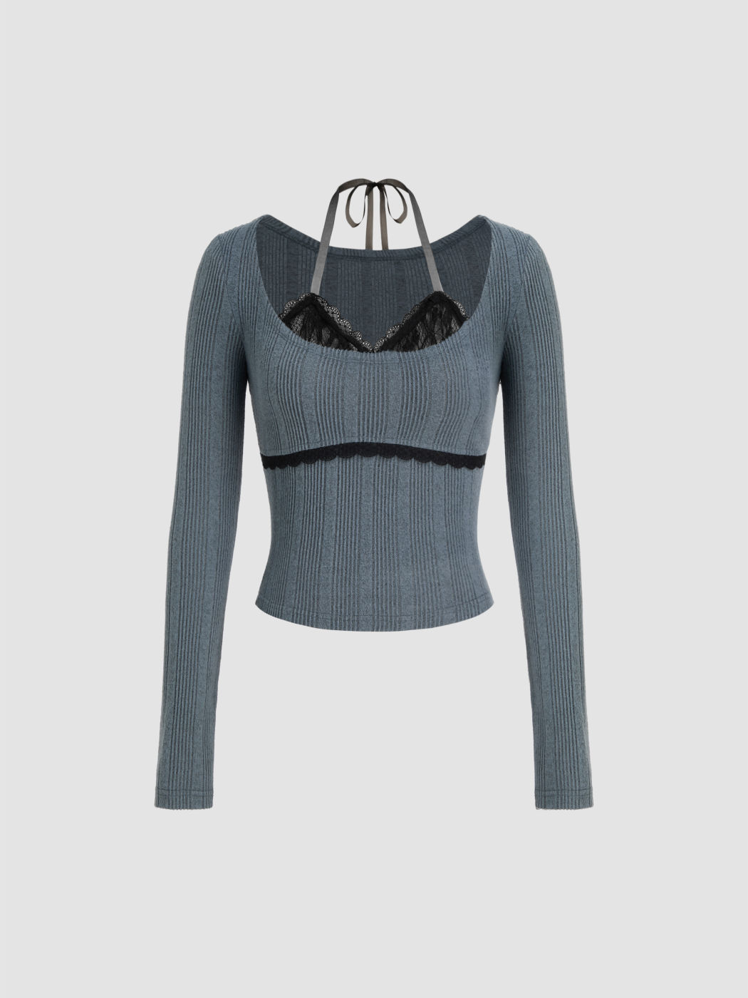 Wool-look Halter V-neck Lace Long Sleeve Top
