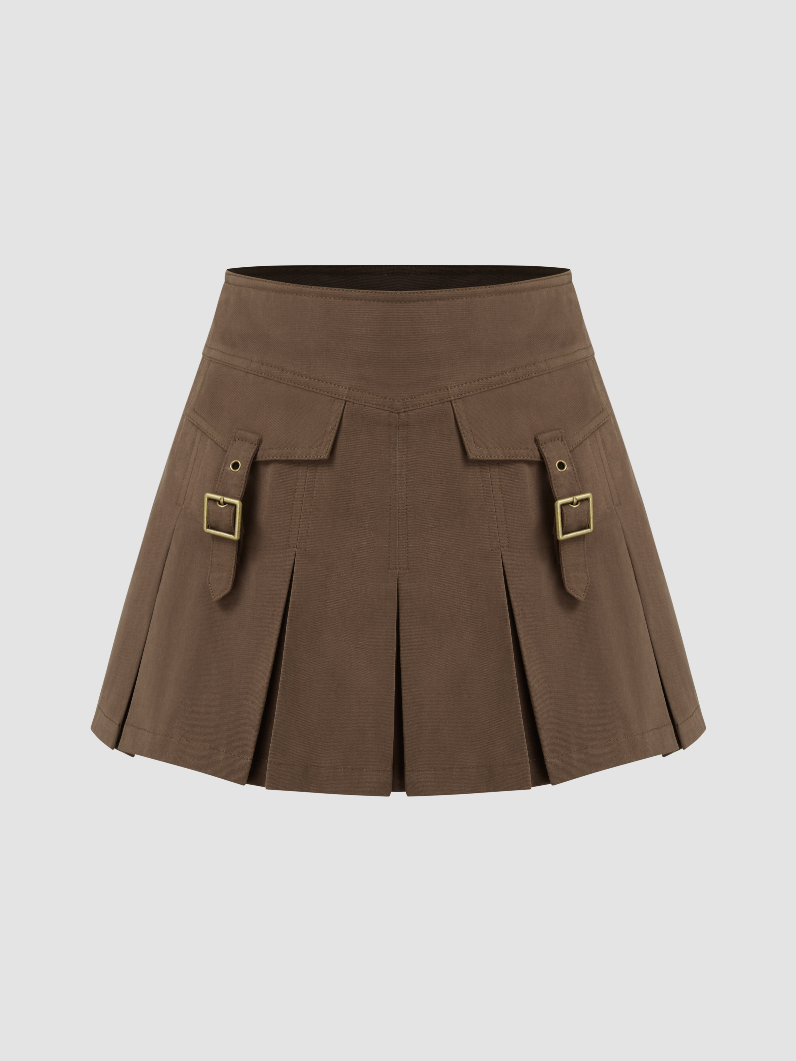 Woven Gray Paint Pleated Mini Skirt With Belt For School