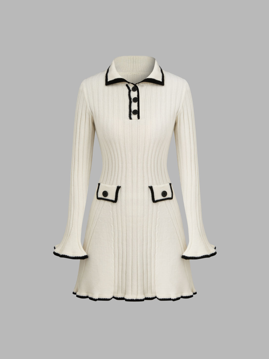 Knit Collar Contrasting Binding Lettuce Trim Mini Dress