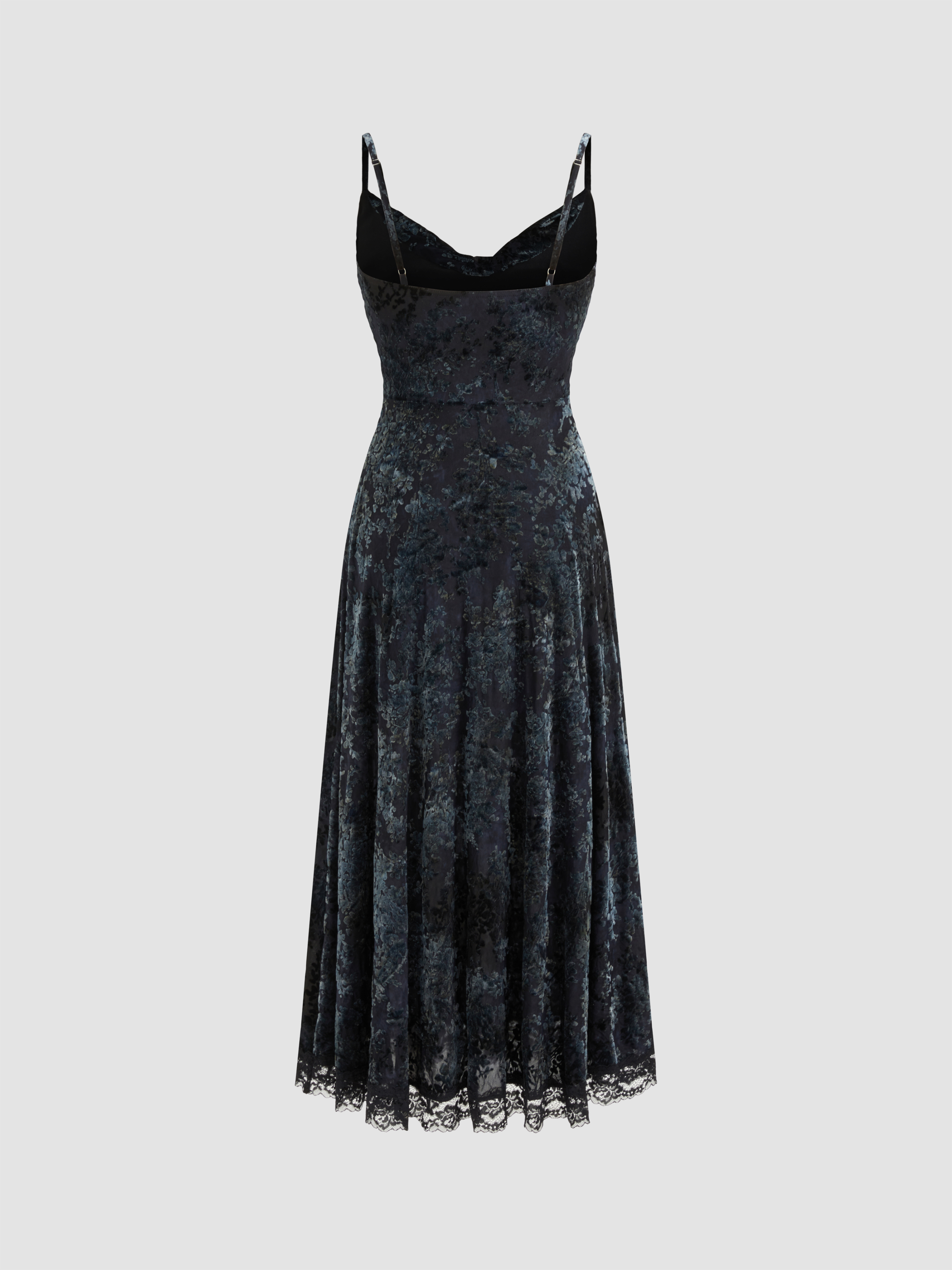 【24時間限定】Lace Trimmed Floral Dress Velvet Velvet Cowl Neck Floral Lace Trim Maxi Dress For Date