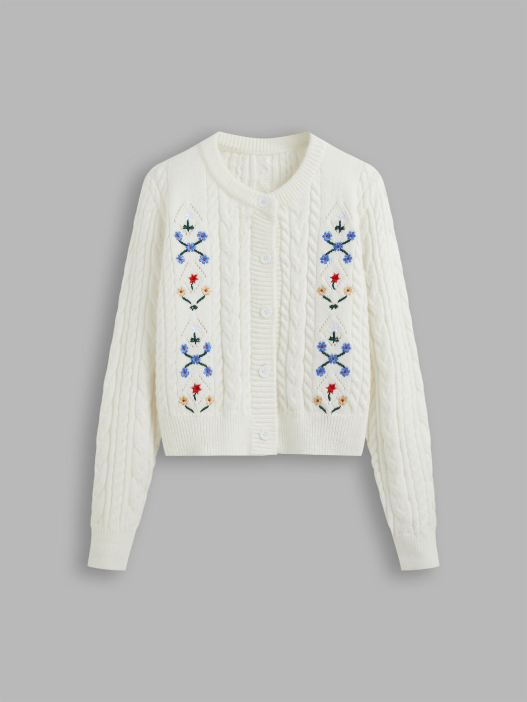 Cable Knit Floral Embroidery Cardigan