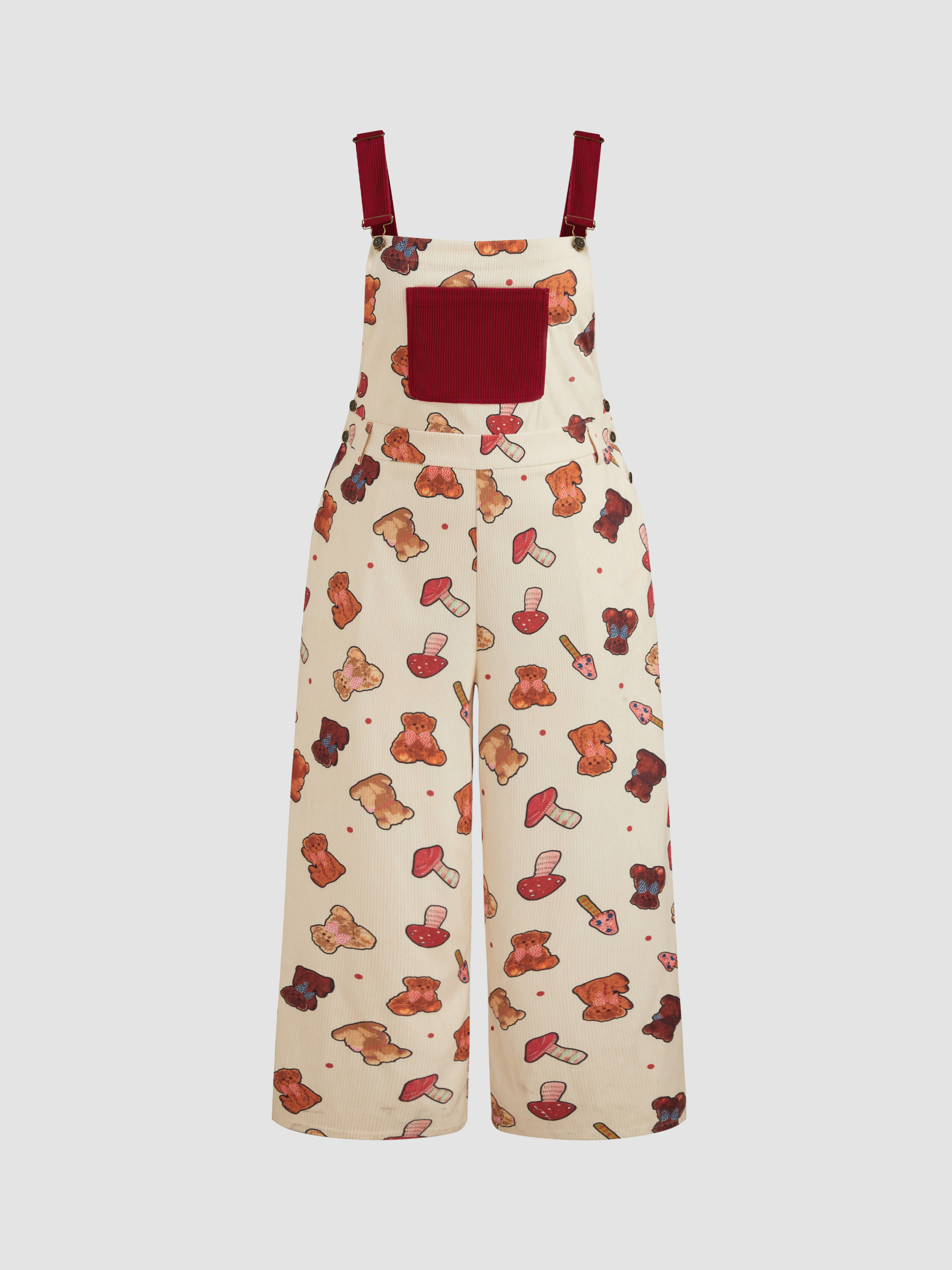 Woven Corduroy Bear & Mushroom Pattern Buckle Up Jumpsuit