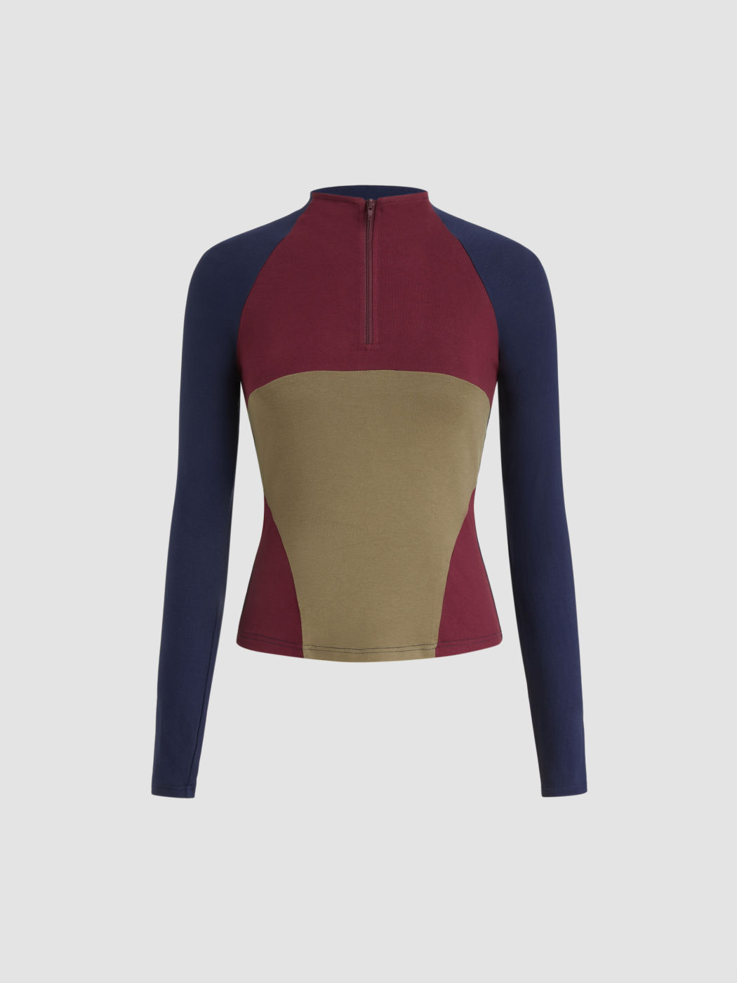 High Neck Colorblock Half Zip Long Sleeve Top