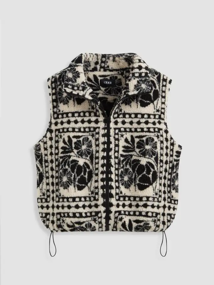 Fleece Stand Collar Abstract Drawstring Oversized Jacket