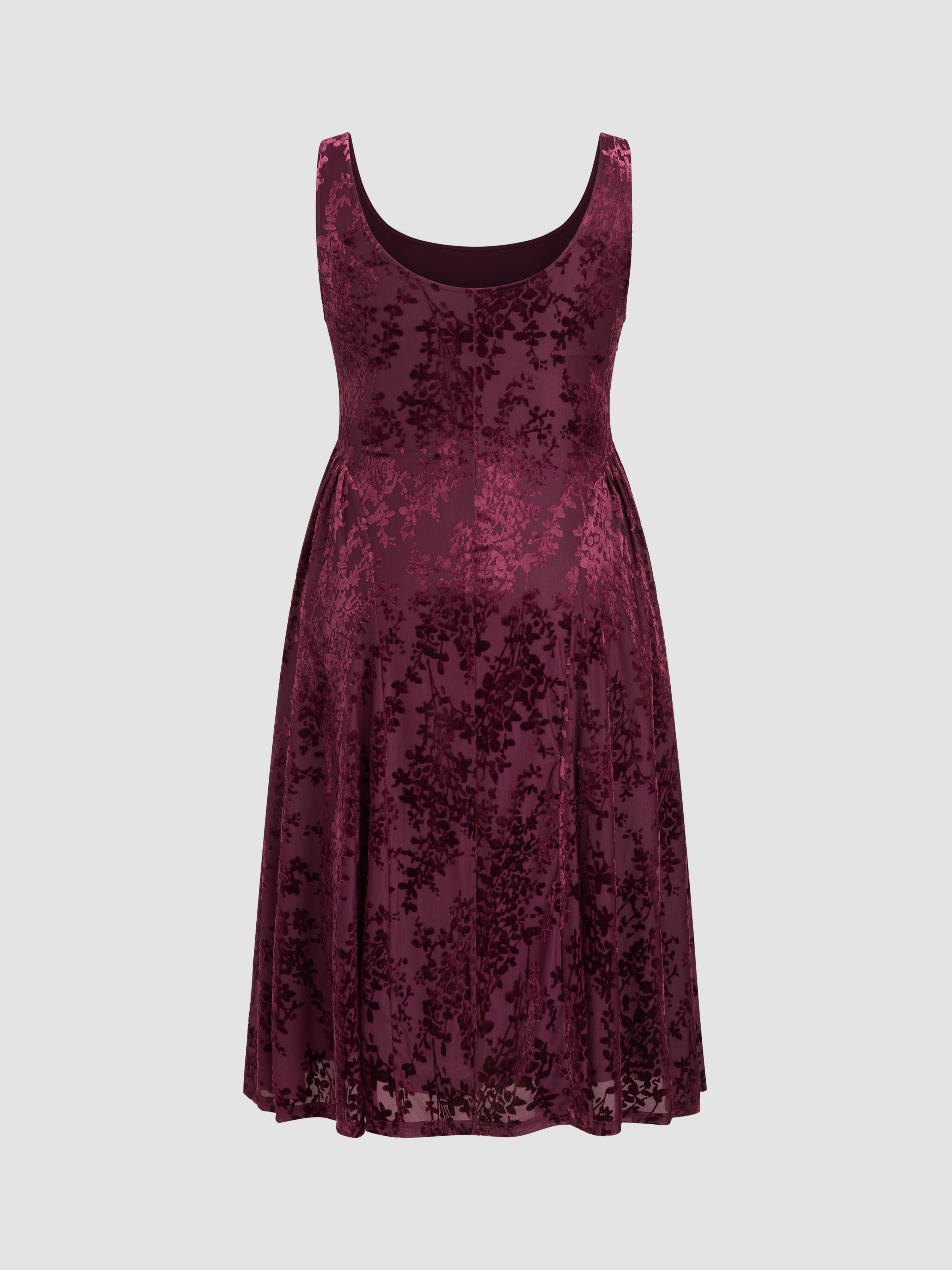 Velvet U-neckline Floral Pleated Midi Dress Curve & Plus