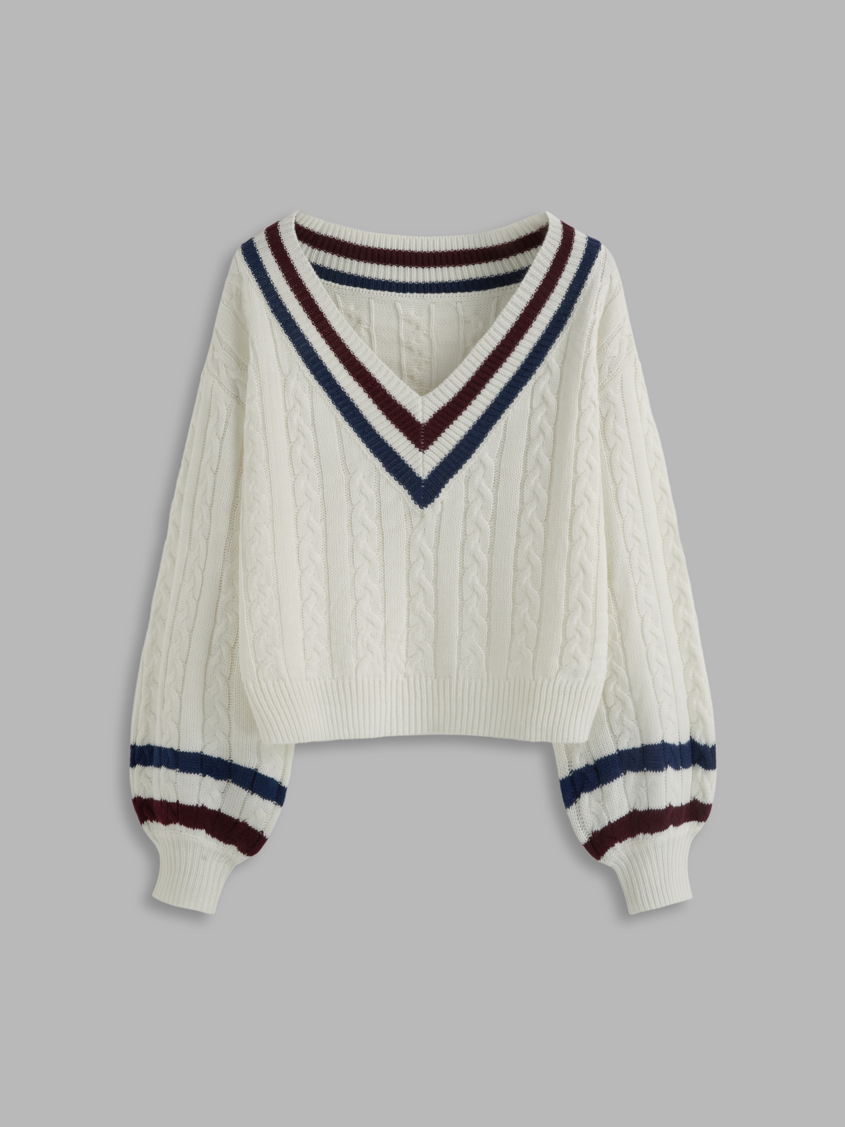 Preppy Knit Fabric Cable Knit V-neck Solid Contrasting