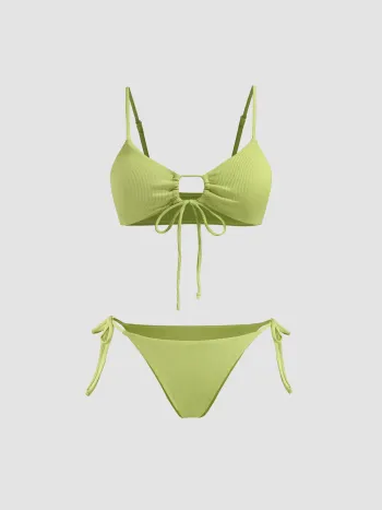 Solid O-Ring Front Tied Bikini Set