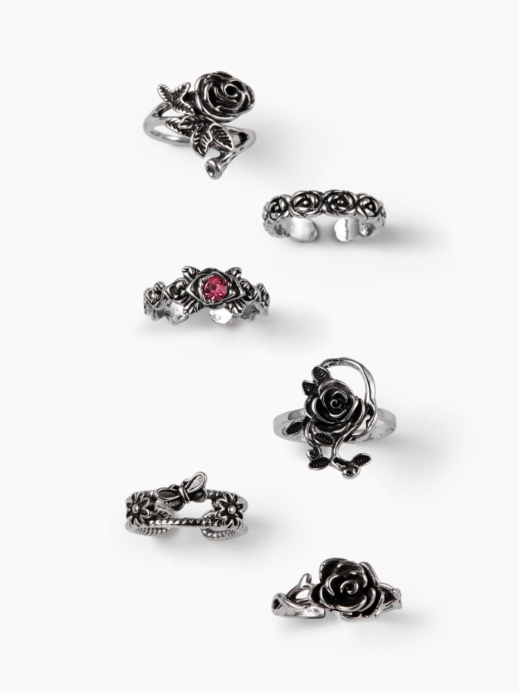 6PCS ROSE & RHINESTONE DECOR OPEN RINGS