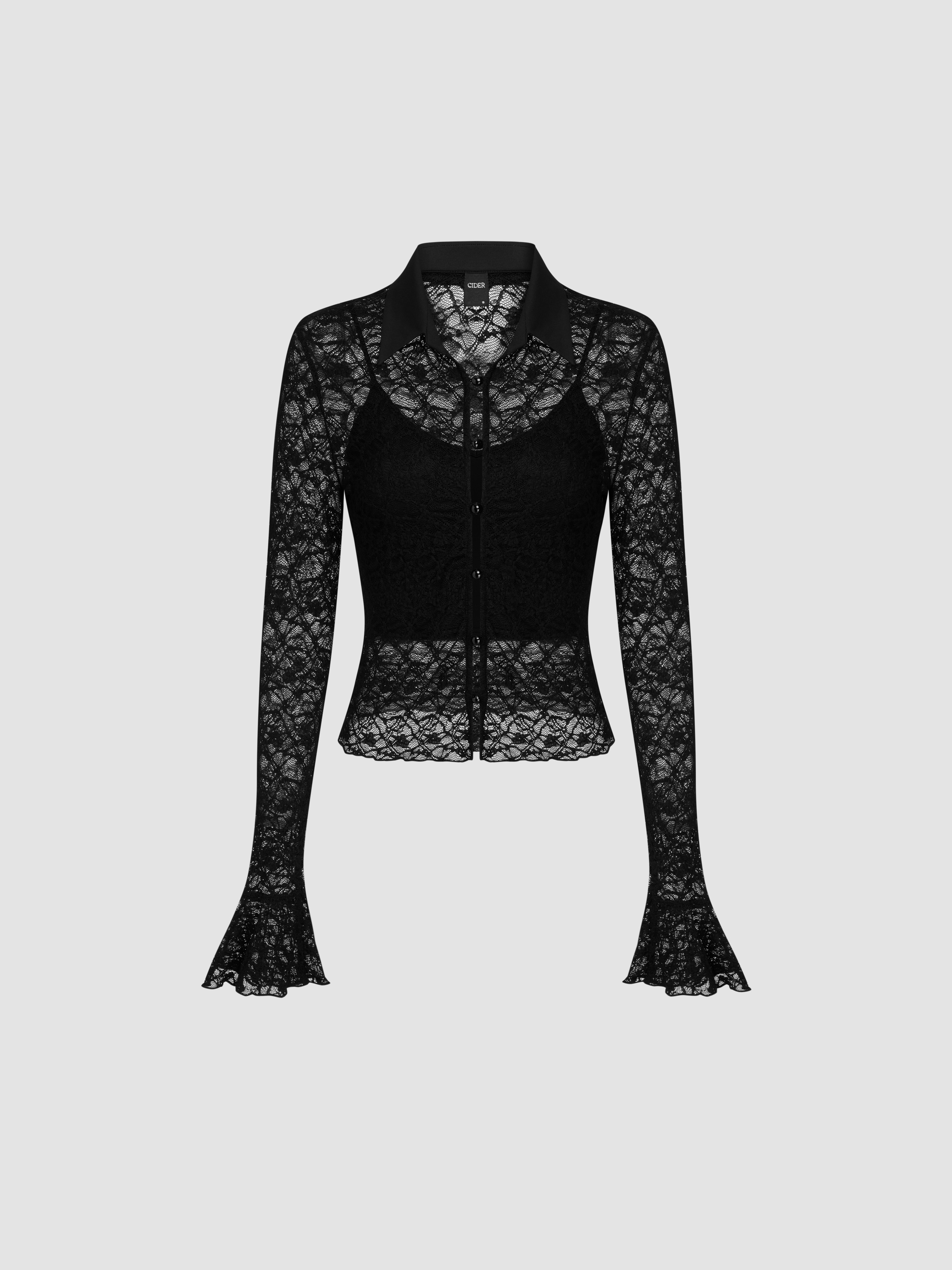 Knit Fabric Lace See-through Lace Long Sleeve Tee & Halter
