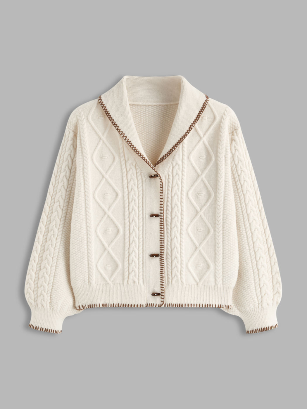 Cable Knit Collar Contrasting Binding Toggle Cardigan Curve & Plus