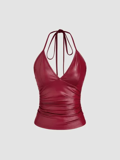 Mandarin Collar Ruched Split Top