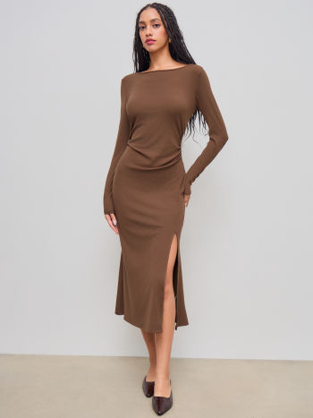 Boat Neck Lace Backless Ruched Split Maxi Dress
