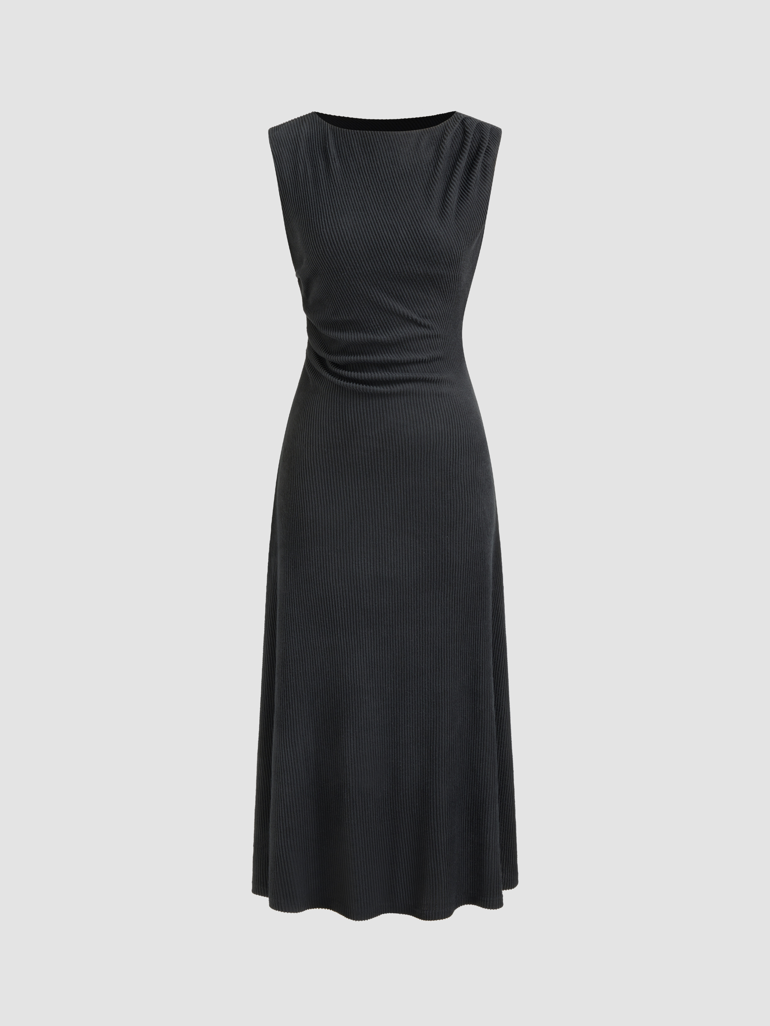 Boat Neckline Bubble Sleeve Contrast Knit Midi Dress