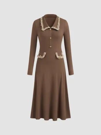 Kragen Zopfbindung Tasche Midikleid