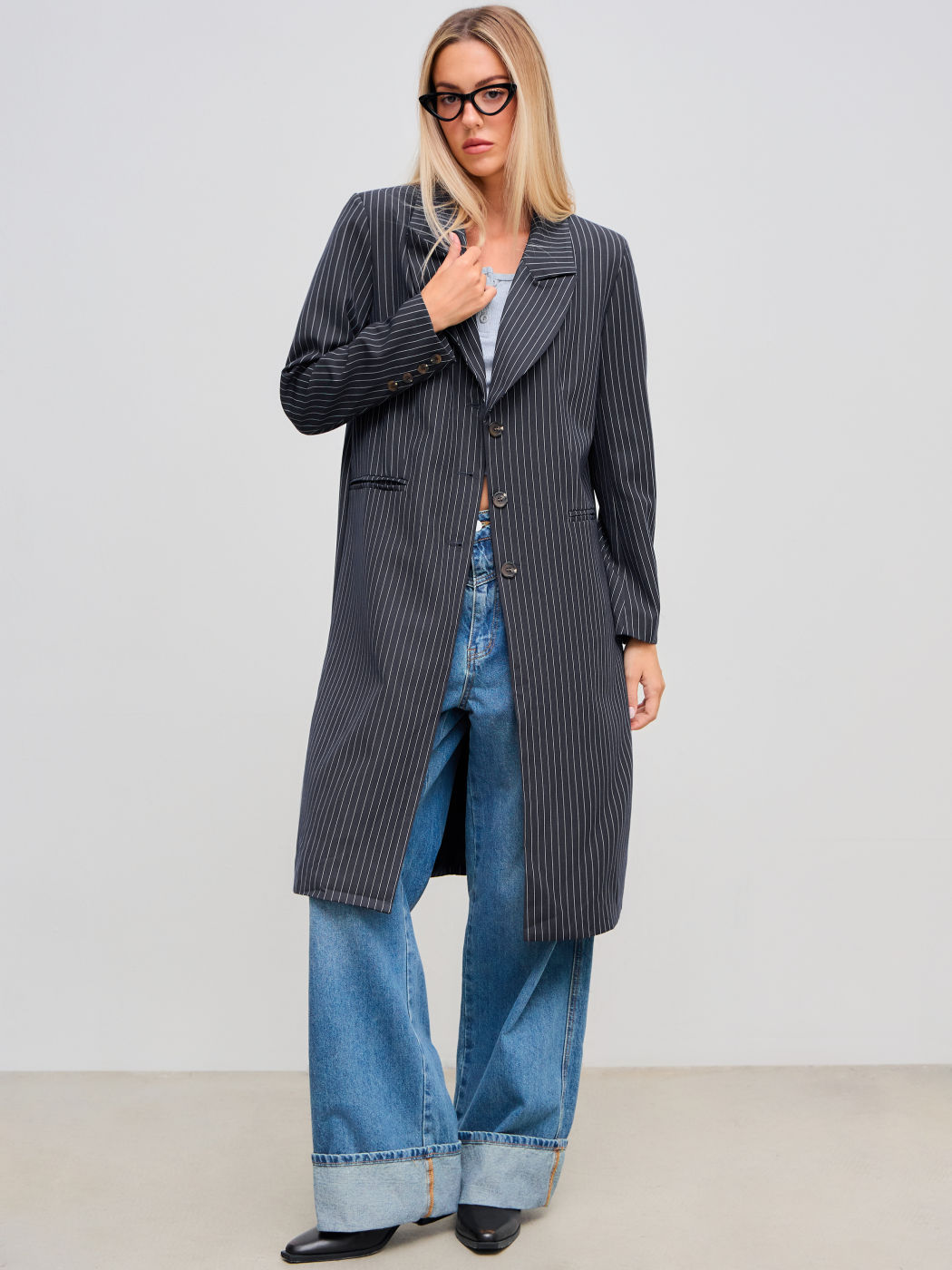 Notched Collar Striped Button Pocket Coat