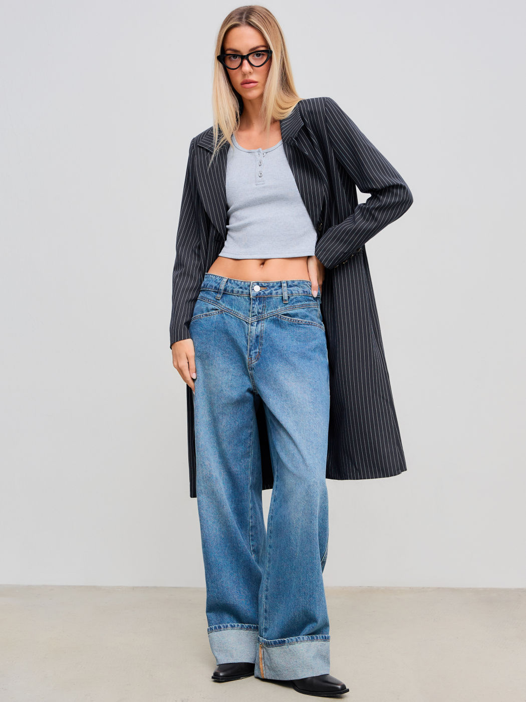 Notched Collar Striped Button Pocket Coat