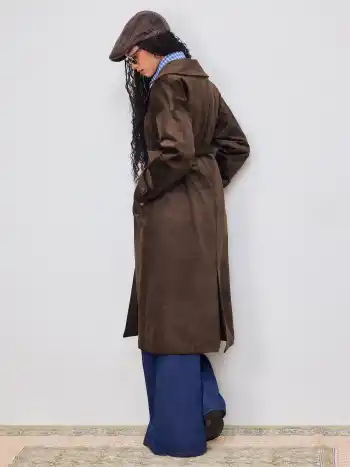 Notched Collar Pocket Oversized Trench Coat With Belt