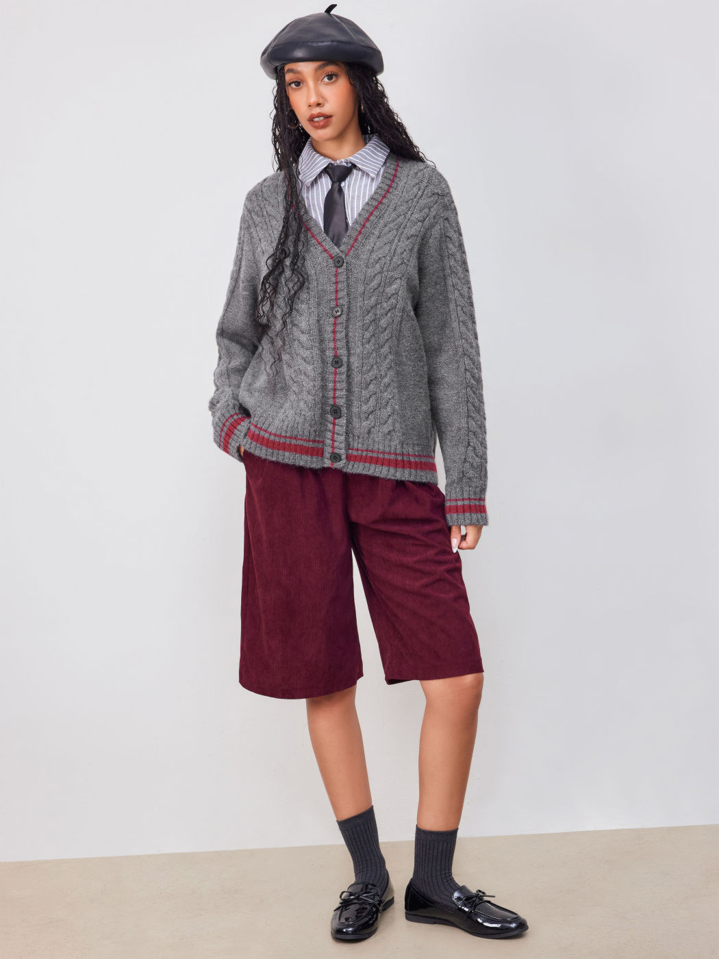 Cable Knit V-neck Contrasting Binding Cardigan