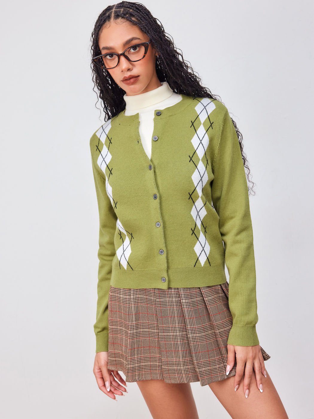 Knit Round Neckline Argyle Pattern Cardigan