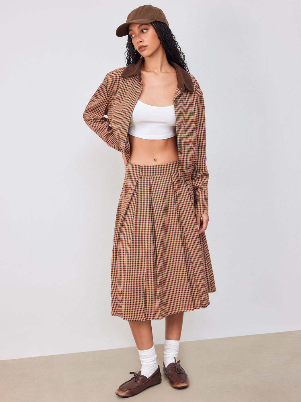 Mid Rise Gingham Pleated Midi Skirt