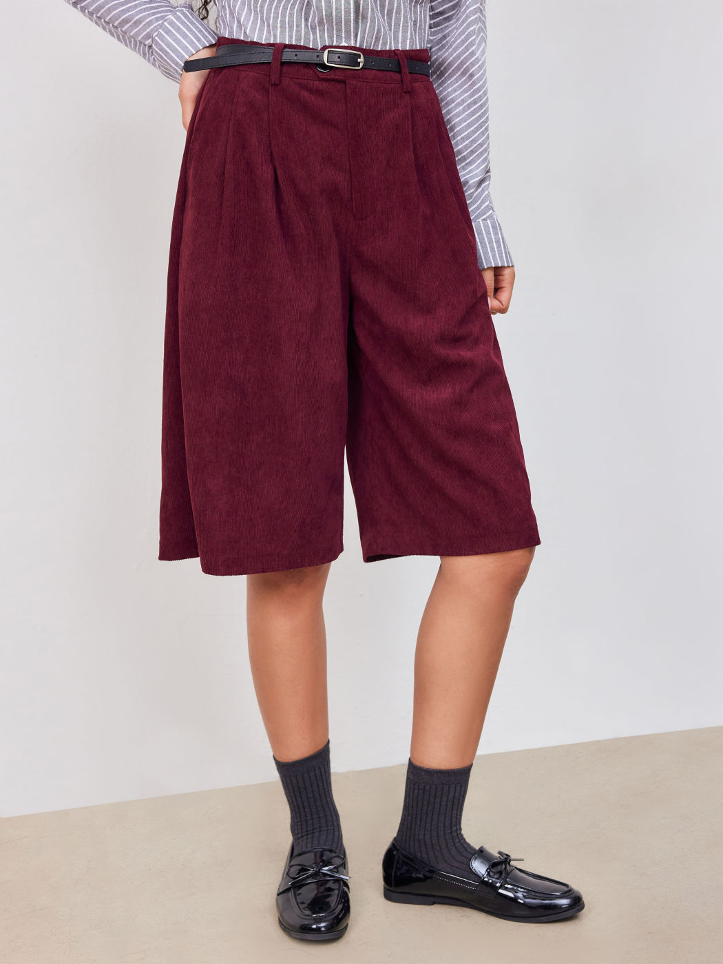 Corduroy Mid Rise Bermuda Shorts With Belt