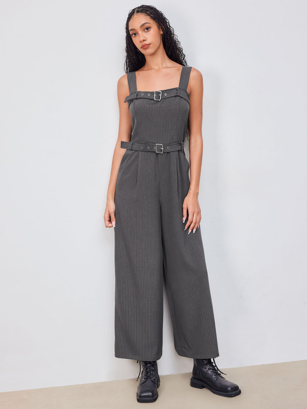 Square Neck Stripe Wide Leg Jumpsuit With Belt