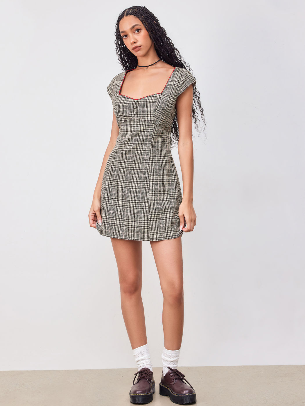 Wool-blend Sweetheart Checks Contrasting Binding Mini Dress