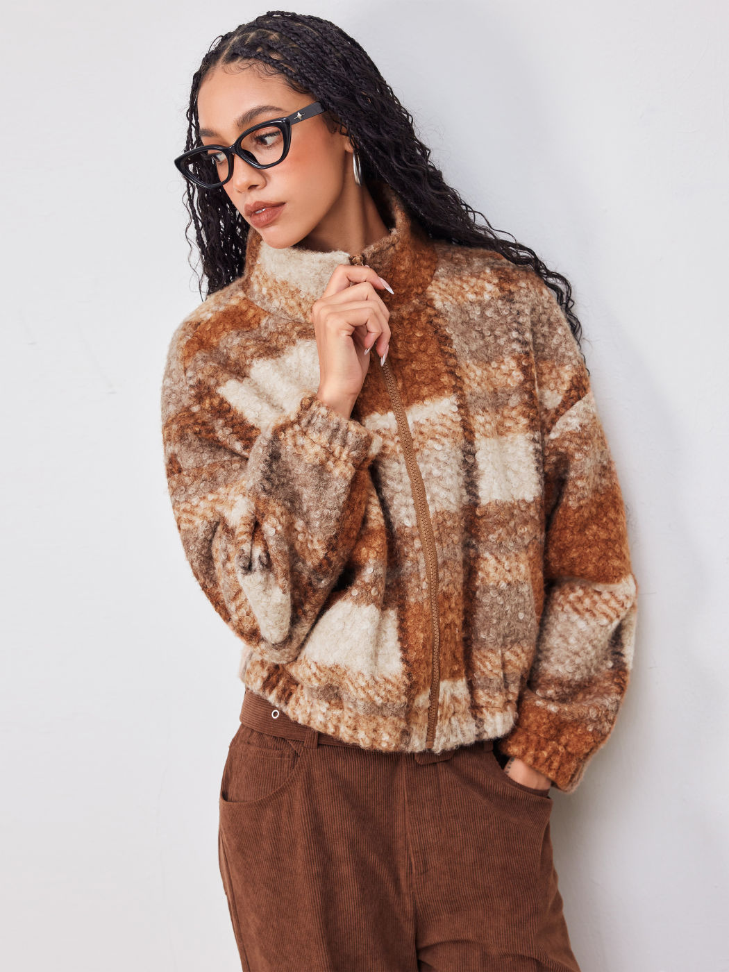 Fleece Stand Collar Checks Pocket Oversized Jacket