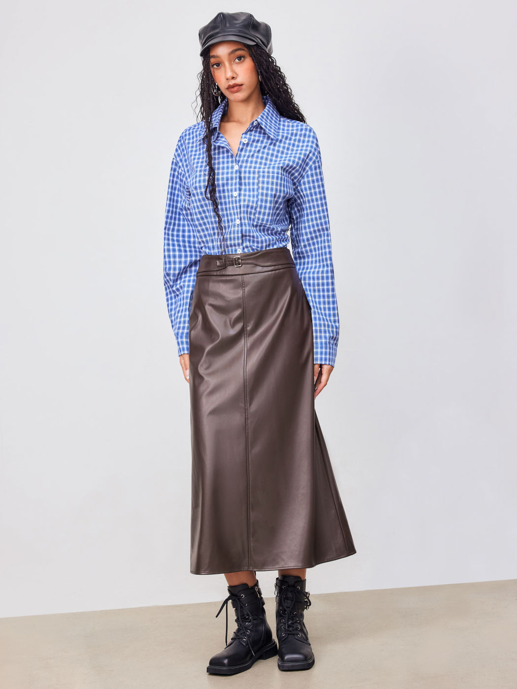 Faux Leather Mid Rise Pocket Belted Midi Skirt
