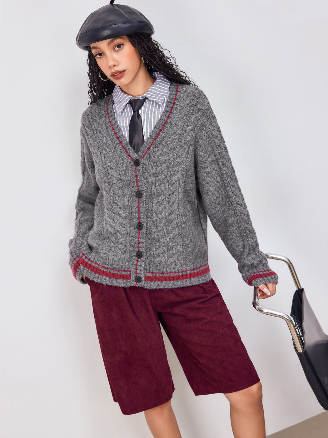 Cable Knit V-neck Contrasting Binding Cardigan