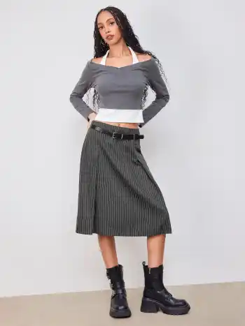 Mid Rise Striped Pleated Maxi Skirt With Belt