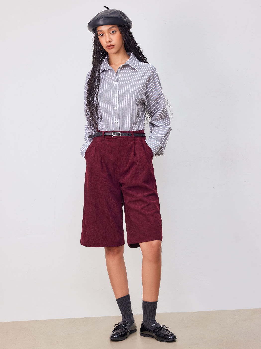 Corduroy Mid Rise Bermuda Shorts With Belt