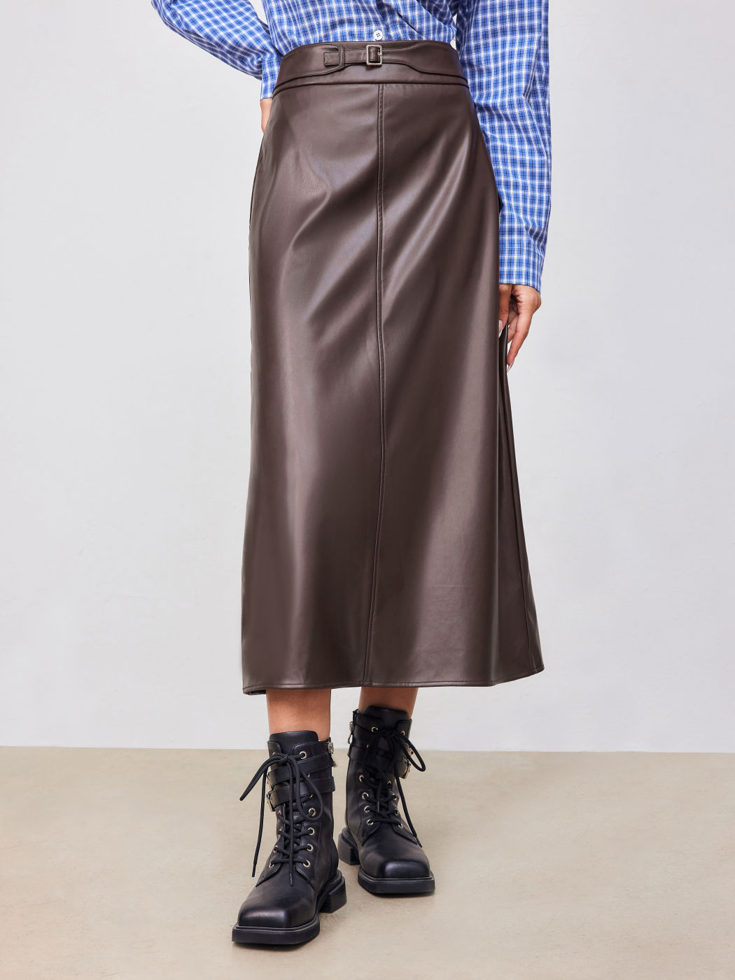 Faux Leather Mid Rise Pocket Belted Midi Skirt