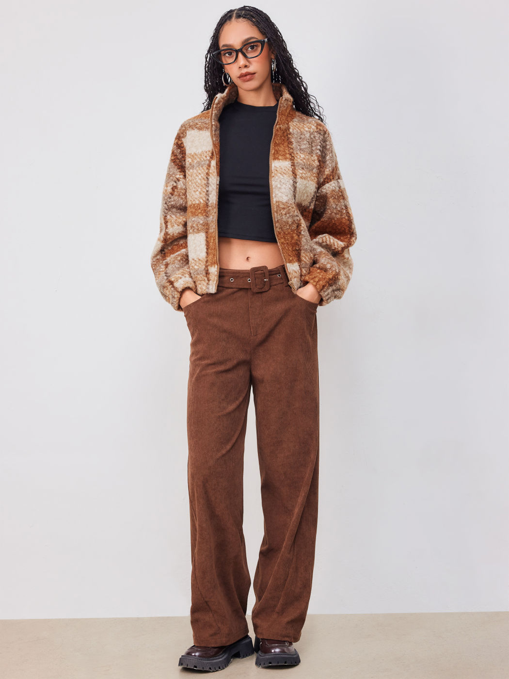 Fleece Stand Collar Checks Pocket Oversized Jacket