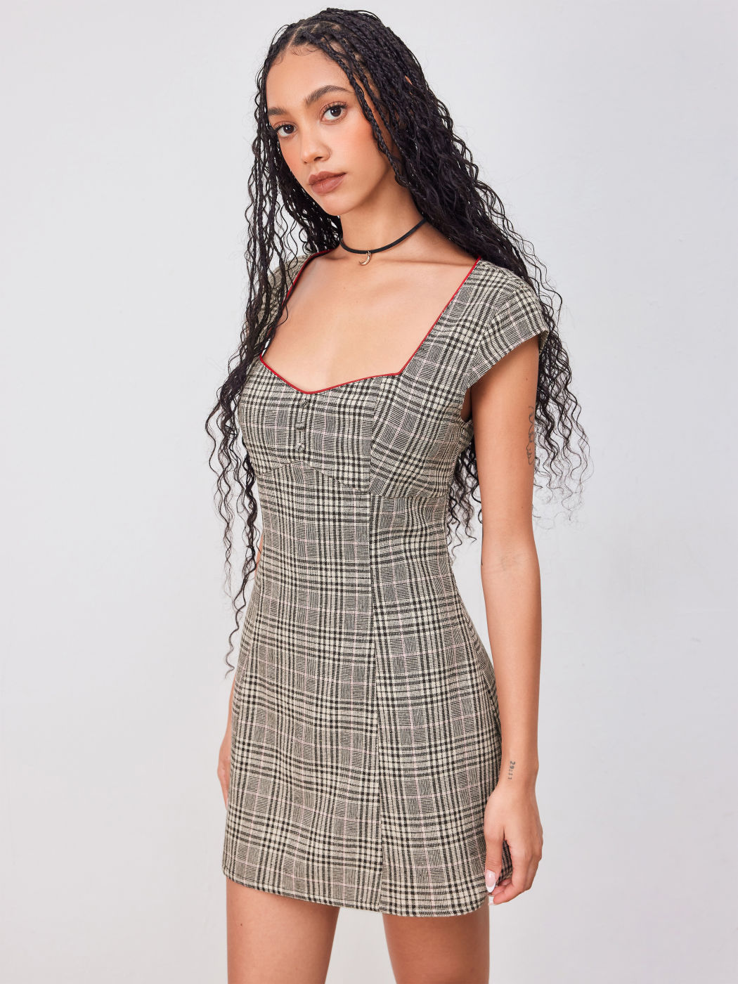 Wool-blend Sweetheart Checks Contrasting Binding Mini Dress