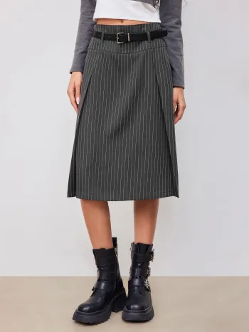 Mid Rise Striped Pleated Maxi Skirt With Belt
