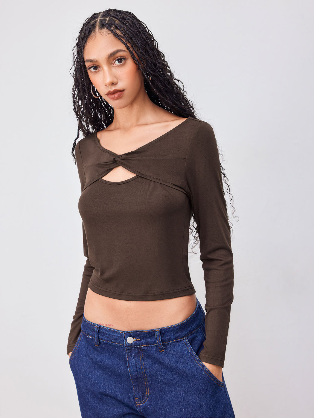 V-neck Twist Cut Out Long Sleeve Top