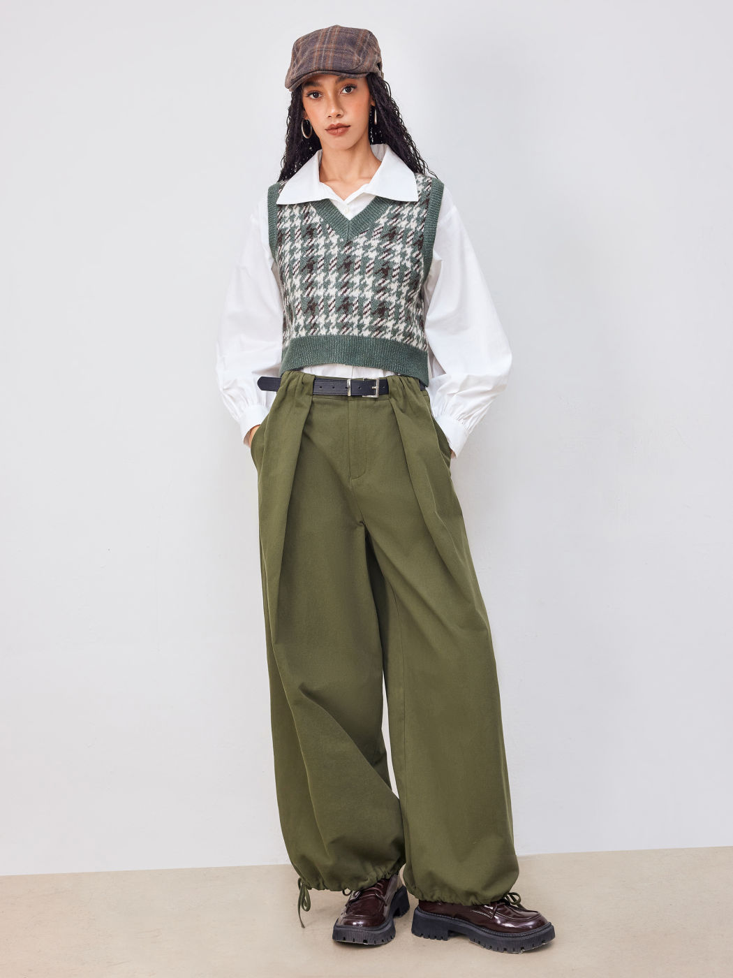 100% Cotton Mid Rise Drawstring Jogger Pants With Belt