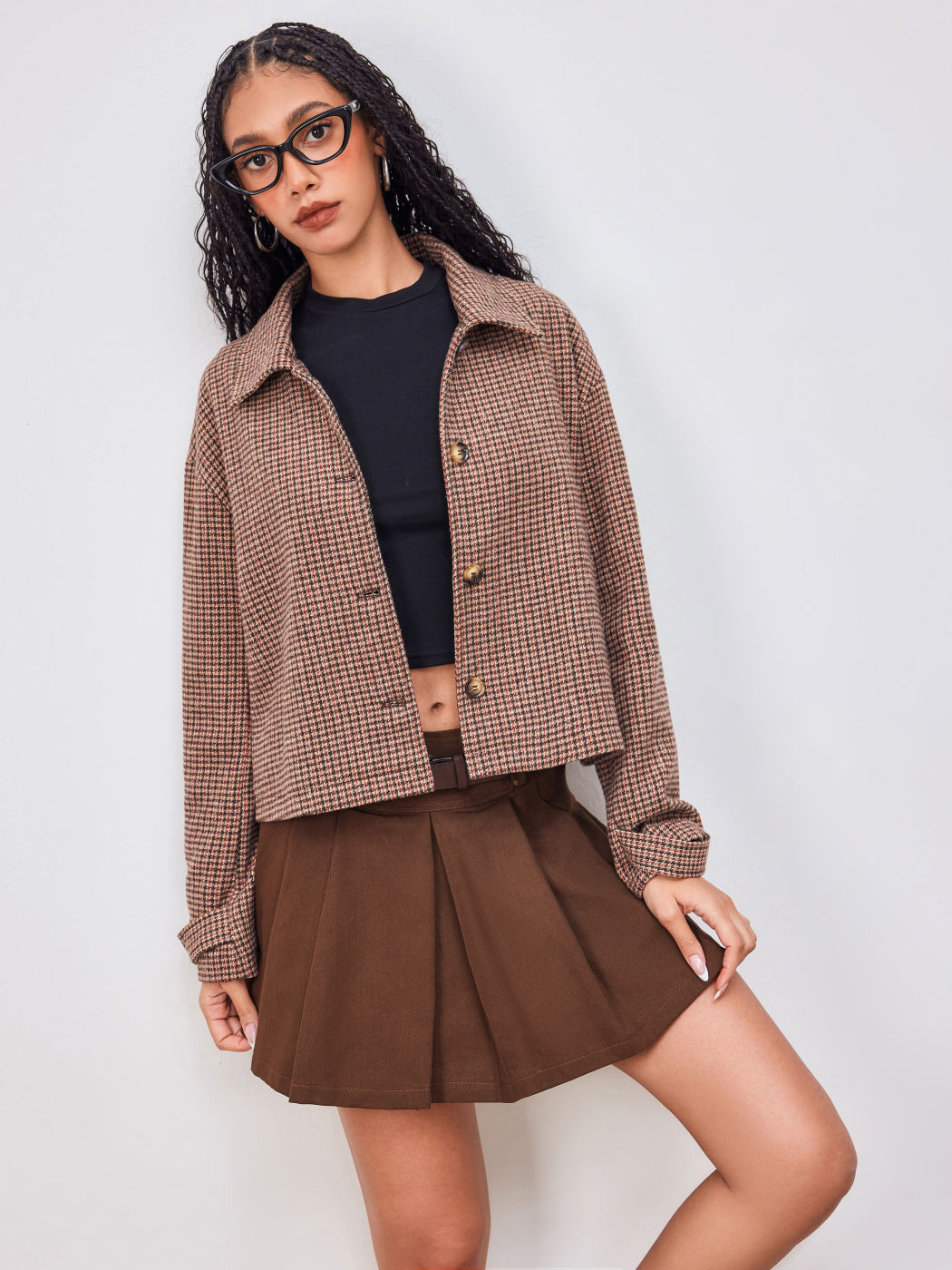 Woll-Look Kragen Hahnentritt Oversized Jacke